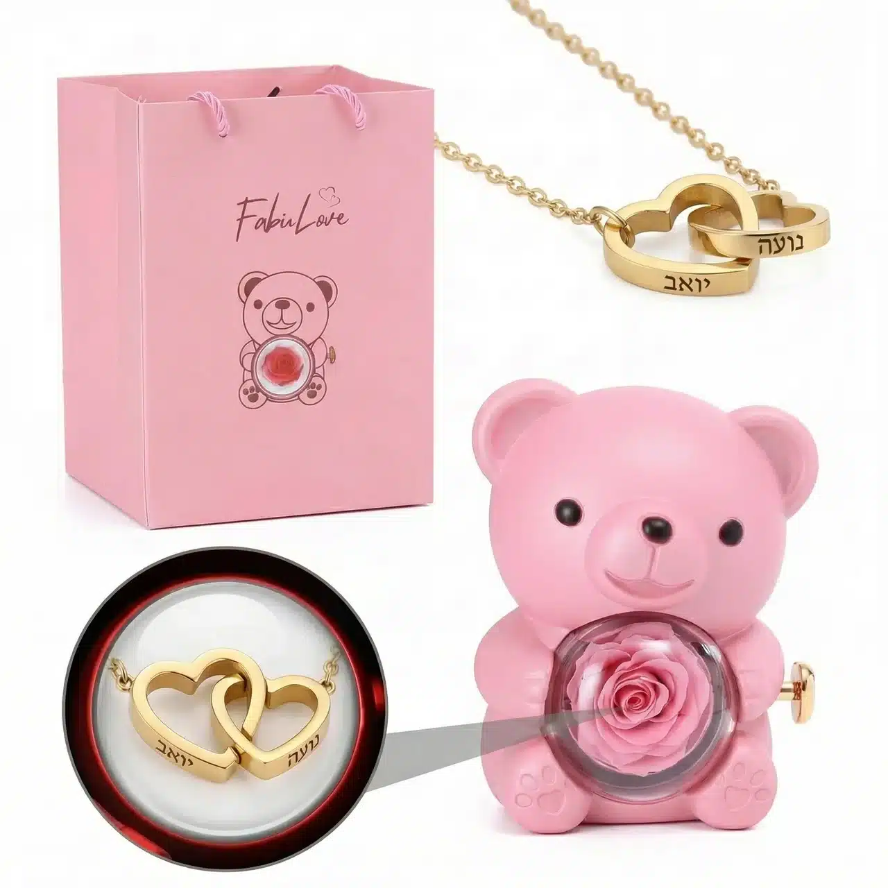 לאב דובי - בובת דובי עם ורד אמיתי משומר ושרשרת עם חריטה אישית – תמונה 4