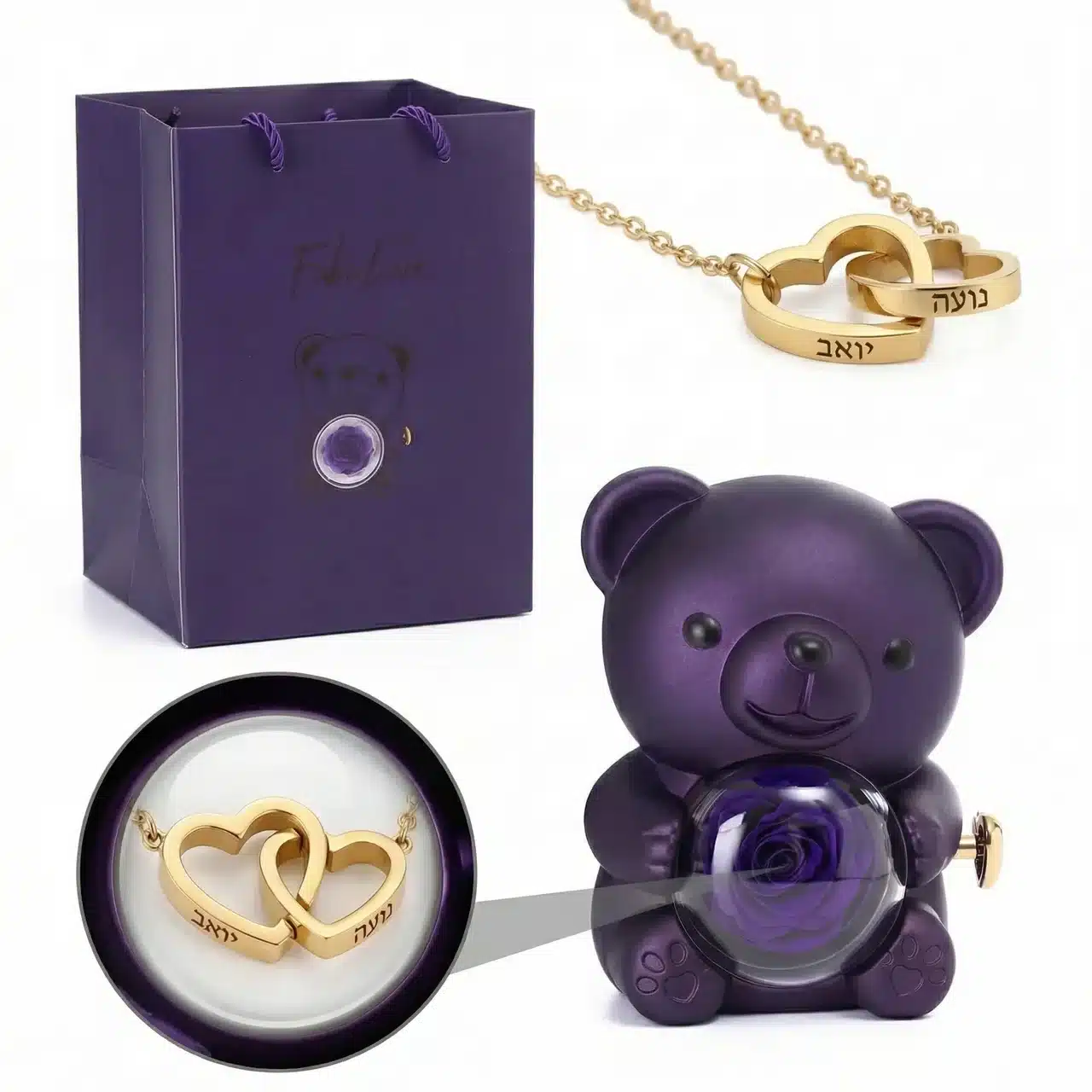 לאב דובי - בובת דובי עם ורד אמיתי משומר ושרשרת עם חריטה אישית – תמונה 5