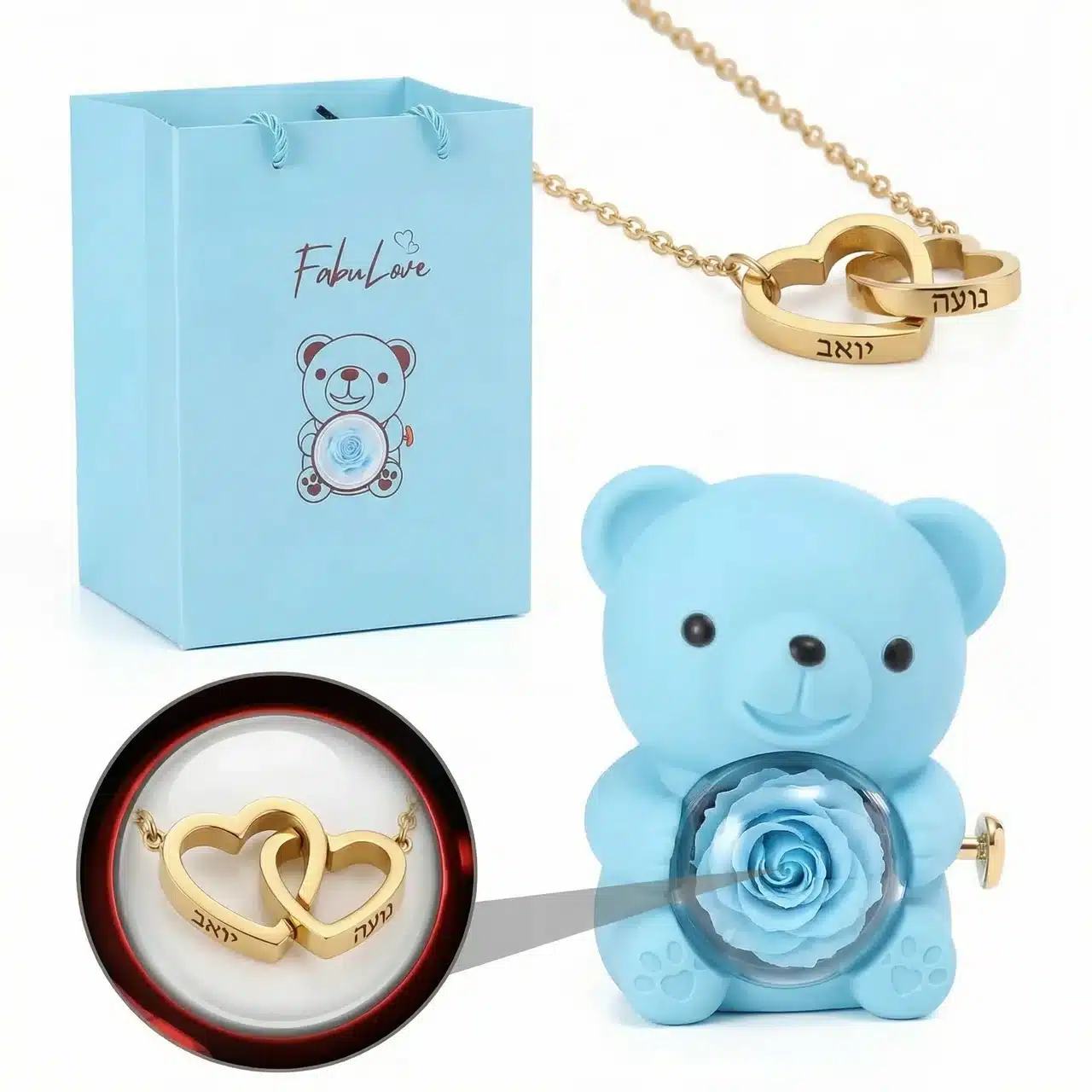 לאב דובי - בובת דובי עם ורד אמיתי משומר ושרשרת עם חריטה אישית – תמונה 3