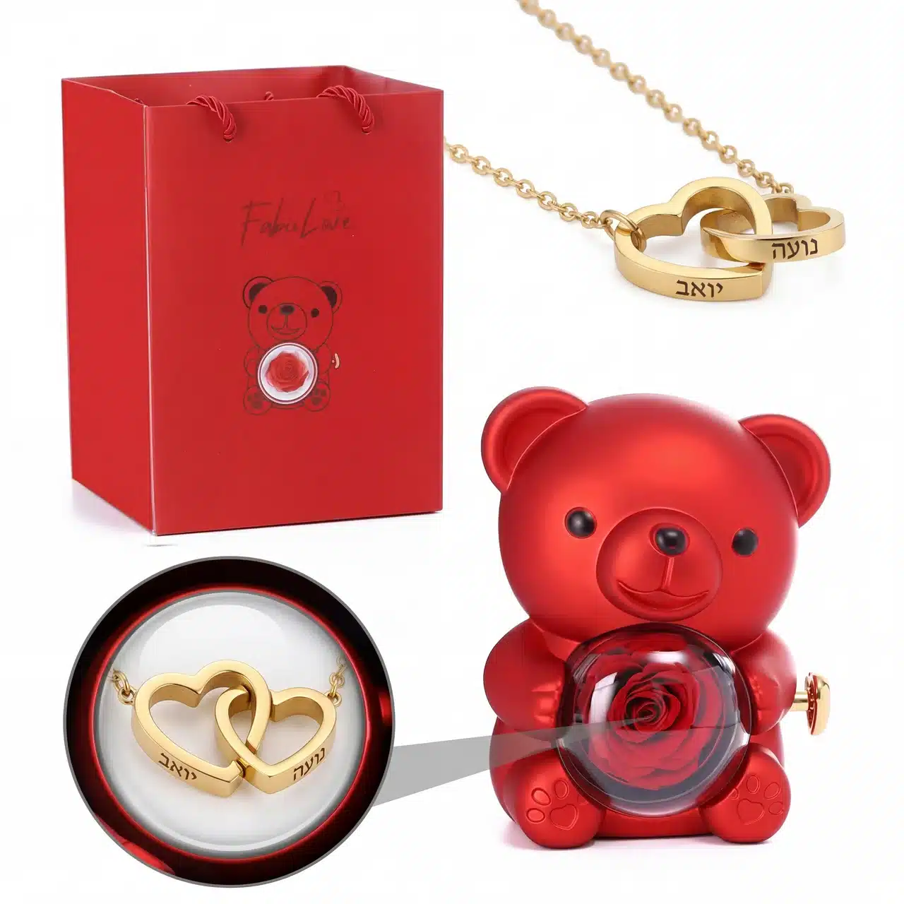 לאב דובי - בובת דובי עם ורד אמיתי משומר ושרשרת עם חריטה אישית – תמונה 2